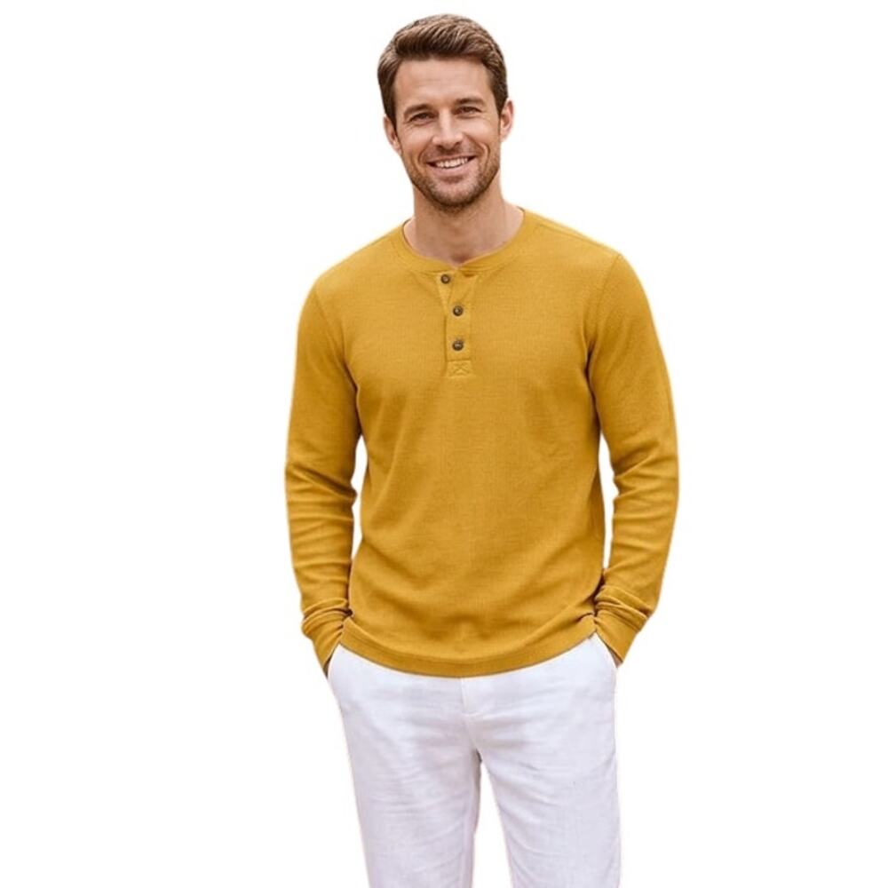 Jockey Yellow Waffle Henley Long Sleeve Top, M SRP: $35